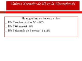Hemoglobina en bebes y níños:
Hb F recien nacido: 50 a 80%
Hb F (6 meses) : 8%
Hb F después de 6 meses : 1 a 2%
Valores Normales de Hb en la Electroforesis
 