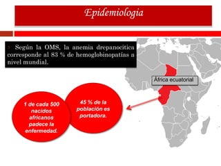 Epidemiologia
Según la OMS, la anemia drepanocitica
corresponde al 83 % de hemoglobinopatías a
nivel mundial.
45 % de la
población es
portadora.
África ecuatorial
1 de cada 500
nacidos
africanos
padece la
enfermedad.
 