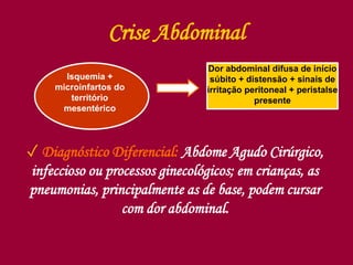 Crise Abdominal
Isquemia +
microinfartos do
território
mesentérico
Dor abdominal difusa de início
súbito + distensão + sinais de
irritação peritoneal + peristalse
presente
✓ Diagnóstico Diferencial: Abdome Agudo Cirúrgico,
infeccioso ou processos ginecológicos; em crianças, as
pneumonias, principalmente as de base, podem cursar
com dor abdominal.
 