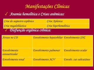 Manifestações Clínicas
✓ Anemia hemolítica e Crises anêmicas:
✓ Disfunção orgânica crônica:
Crise do seqüestro esplênico Crise Aplásica
Crise megaloblástica Crise hiperhemolítica
Atraso no CD Envolvimento hepatobiliar Envolvimento SNC
Envolvimento
osteoarticular
Envolvimento pulmonar Envolvimento ocular
Envolvimento renal Envolvimento ACV Envolv. cut-subcutâneo
 