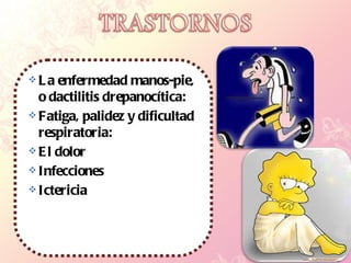 La enfermedad manos-pie, o dactilitis drepanocítica:  Fatiga, palidez y dificultad respiratoria: El dolor Infecciones Ictericia  