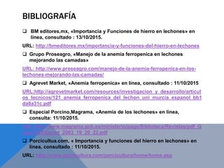 BIBLIOGRAFÍA
 BM editores.mx, «Importancia y Funciones de hierro en lechones» en
línea, consultado : 13/10/2015.
URL: http://bmeditores.mx/importancia-y-funciones-del-hierro-en-lechones
 Grupo Proseagro, «Manejo de la anemia ferropenica en lechones
mejorando las camadas»
URL: http://www.proseagro.com/manejo-de-la-anemia-ferropenica-en-los-
lechones-mejorando-las-camadas/
 Agrevet Market, «Anemia ferropenica» en línea, consultado : 11/10/2015
URL:http://agrovetmarket.com/resources/investigacion_y_desarrollo/articul
os_tecnicos/121_anemia_ferropenica_del_lechon_uni_murcia_espanol_bb1
da8a31c.pdf
 Especial Porcino,Magrama, «Anemia de los lechones» en línea,
consulta: 11/10/2015.
URL:http://www.magrama.gob.es/ministerio/pags/Biblioteca/Revistas/pdf_G
anad%2FGanad_2003_19_20_22.pdf
 Porcicultua.com, « Importancia y funciones del hierro en lechones» en
línea, consultado : 11/10/2015.
URL: http://www.porcicultura.com/porcicultura/home/home.asp
 