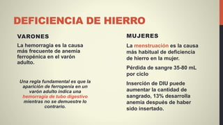 DEFICIENCIA DE HIERRO
VARONES
La hemorragia es la causa
más frecuente de anemia
ferropénica en el varón
adulto.
Una regla fundamental es que la
aparición de ferropenia en un
varón adulto indica una
hemorragia de tubo digestivo
mientras no se demuestre lo
contrario.
MUJERES
La menstruación es la causa
más habitual de deficiencia
de hierro en la mujer.
Pérdida de sangre 35-80 mL
por ciclo
Inserción de DIU puede
aumentar la cantidad de
sangrado, 13% desarrolla
anemia después de haber
sido insertado.
 