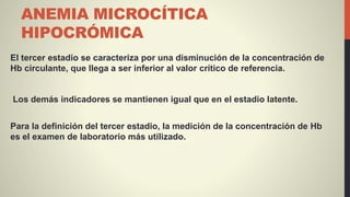 ANEMIA MICROCÍTICA
HIPOCRÓMICA
El tercer estadio se caracteriza por una disminución de la concentración de
Hb circulante, que llega a ser inferior al valor crítico de referencia.
Los demás indicadores se mantienen igual que en el estadio latente.
Para la definición del tercer estadio, la medición de la concentración de Hb
es el examen de laboratorio más utilizado.
 