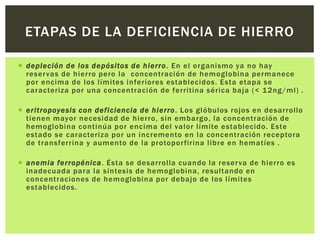  depleción de los depósitos de hierro. En el organismo ya no hay
reservas de hierro pero la concentración de hemoglobina permanece
por encima de los límites inferiores establecidos. Esta etapa se
caracteriza por una concentración de ferritina sérica baja (< 12ng/ml) .
 eritropoyesis con deficiencia de hierro. Los glóbulos rojos en desarrollo
tienen mayor necesidad de hierro, sin embargo, la concentración de
hemoglobina continúa por encima del valor límite establecido. Este
estado se caracteriza por un incremento en la concentración receptora
de transferrina y aumento de la protoporfirina libre en hematíes .
 anemia ferropénica. Ésta se desarrolla cuando la reserva de hierro es
inadecuada para la síntesis de hemoglobina, resultando en
concentraciones de hemoglobina por debajo de los límites
establecidos.
ETAPAS DE LA DEFICIENCIA DE HIERRO
 