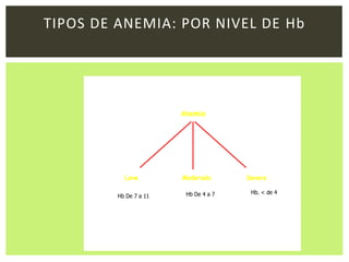 TIPOS DE ANEMIA: POR NIVEL DE Hb
Anemia
SeveraModeradaLeve
Hb = Hemoglobina
Hb De 7 a 11 Hb De 4 a 7 Hb. < de 4
 