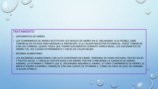 TRATAMIENTO
• SUPLEMENTOS DE HIERRO
• LOS COMPRIMIDOS DE HIERRO RESTITUYEN LOS NIVELES DE HIERRO EN EL ORGANISMO. SI ES POSIBLE, DEBE
TOMARLOS EN AYUNAS PARA MEJORAR LA ABSORCIÓN. SI LE CAUSAN MALESTAR ESTOMACAL, PUEDE TOMARLOS
CON LAS COMIDAS. QUIZÁS TENGA QUE TOMAR SUPLEMENTOS DURANTE VARIOS MESES. LOS SUPLEMENTOS DE
HIERRO TAL VEZ CAUSEN ESTREÑIMIENTO Y HECES DE COLOR NEGRO.
• RÉGIMEN ALIMENTARIO
• LOS REGÍMENES ALIMENTARIOS CON ALTO CONTENIDO DE CARNE, VERDURAS DE HOJAS OSCURAS, FRUTAS SECAS
Y FRUTOS SECOS, Y CEREALES FORTIFICADOS CON HIERRO TRATAN O PREVIENEN LA CARENCIA DE HIERRO.
ADEMÁS, LA VITAMINA C PERMITE QUE EL ORGANISMO ABSORBA EL HIERRO. SI TOMA COMPRIMIDOS DE HIERRO, EL
MÉDICO PODRÍA SUGERIRLE TOMARLOS CON UNA FUENTE DE VITAMINA C, COMO UN VASO DE JUGO DE NARANJA
O ALGÚN CÍTRICO.
 
