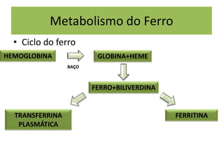 Metabolismo do Ferro
• Ciclo do ferro
HEMOGLOBINA
FERRO+BILIVERDINA
FERRITINATRANSFERRINA
PLASMÁTICA
GLOBINA+HEME
BAÇO
 