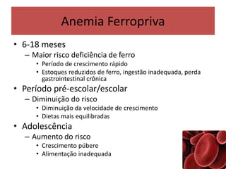 Anemia Ferropriva
• 6-18 meses
– Maior risco deficiência de ferro
• Período de crescimento rápido
• Estoques reduzidos de ferro, ingestão inadequada, perda
gastrointestinal crônica
• Período pré-escolar/escolar
– Diminuição do risco
• Diminuição da velocidade de crescimento
• Dietas mais equilibradas
• Adolescência
– Aumento do risco
• Crescimento púbere
• Alimentação inadequada
 