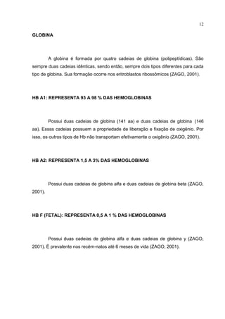 12

GLOBINA




         A globina é formada por quatro cadeias de globina (polipeptídicas). São
sempre duas cadeias idênticas, sendo então, sempre dois tipos diferentes para cada
tipo de globina. Sua formação ocorre nos eritroblastos ribossômicos (ZAGO, 2001).




HB A1: REPRESENTA 93 A 98 % DAS HEMOGLOBINAS




         Possui duas cadeias de globina (141 aa) e duas cadeias de globina (146
aa). Essas cadeias possuem a propriedade de liberação e fixação de oxigênio. Por
isso, os outros tipos de Hb não transportam efetivamente o oxigênio (ZAGO, 2001).




HB A2: REPRESENTA 1,5 A 3% DAS HEMOGLOBINAS




         Possui duas cadeias de globina alfa e duas cadeias de globina beta (ZAGO,
2001).




HB F (FETAL): REPRESENTA 0,5 A 1 % DAS HEMOGLOBINAS




         Possui duas cadeias de globina alfa e duas cadeias de globina y (ZAGO,
2001). È prevalente nos recém-natos até 6 meses de vida (ZAGO, 2001).
 