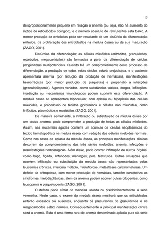15

desproporcionalmente pequeno em relação a anemia (ou seja, não há aumento do
índice de reticulócitos corrigido), e o número absoluto de reticulócitos está baixo. A
menor produção de eritrócitos pode ser resultante de um distúrbio da diferenciação
eritroide, da proliferação dos eritroblastos na medula óssea ou de sua maturação
(ZAGO, 2001).
        Distúrbios da diferenciação: as células mielóides (eritrócitos, granulócitos,
monócitos, megacariócitos) são formadas a partir da diferenciação de células
progenitoras multipotenciais. Quando há um comprometimento deste processo de
diferenciação, a produção de todas estas células estará prejudicada, e o paciente
apresentará anemia (por redução da produção de hemácias), manifestações
hemorrágicas (por menor produção de plaquetas) e propensão a infecções
(granulocitopenia). Agentes variados, como substâncias tóxicas, drogas, infecções,
irradiação ou mecanismos imunológicos podem suprimir esta diferenciação. A
medula óssea se apresentará hipocelular, com aplasia ou hipoplasia das células
mieloides, e predomínio de tecidos gordurosos e células não mielóides, como
linfócitos, plasmócitos e mastócitos (ZAGO, 2001).
        De maneira semelhante, a infiltração ou substituição da medula óssea por
um tecido anormal pode comprometer a produção de todas as células mieloides.
Assim, nas leucemias agudas ocorrem um acúmulo de células neoplásmicas do
tecido hematopoético na medula óssea com redução das células mieloides normais.
Como nos casos de aplasia da medula óssea, as principais manifestações clínicas
decorrem do comprometimento das três séries mieloides: anemia, infecções e
manifestações hemorrágicas. Além disso, pode ocorrer infiltração de outros órgãos,
como baço, fígado, linfonodos, meninges, pele, testículos. Outras situações que
ocorrem infiltração ou substituição da medula óssea são representadas pelas
leucemias crônicas, mieloma múltiplo, mielofibrose, metástases carcinomatosas. Um
defeito da eritropoese, com menor produção de hemácias, também caracteriza as
síndromes mielodisplásicas; além da anemia podem ocorrer outras citopenias, como
leucopenia e plaquetopenia (ZAGO, 2001).
        O defeito pode afetar de maneira isolada ou predominantemente a série
vermelha. Neste caso, o exame da medula óssea mostrará que os eritroblastos
estarão escassos ou ausentes, enquanto os precursores de granulócitos e os
megacariócitos estão normais. Consequentemente a principal manifestação clínica
será a anemia. Esta é uma forma rara de anemia denominada aplasia pura da série
 