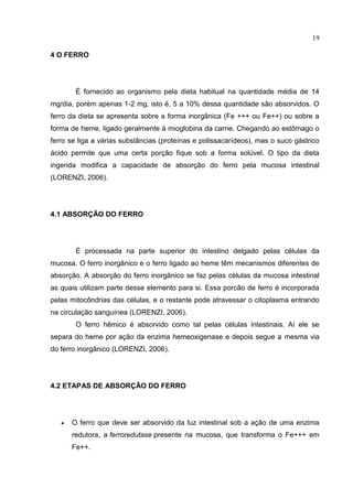 19

4 O FERRO




        É fornecido ao organismo pela dieta habitual na quantidade média de 14
mg/dia, porém apenas 1-2 mg, isto é, 5 a 10% dessa quantidade são absorvidos. O
ferro da dieta se apresenta sobre a forma inorgânica (Fe +++ ou Fe++) ou sobre a
forma de heme, ligado geralmente à mioglobina da carne. Chegando ao estômago o
ferro se liga a várias substâncias (proteínas e polissacarídeos), mas o suco gástrico
ácido permite que uma certa porção fique sob a forma solúvel. O tipo da dieta
ingerida modifica a capacidade de absorção do ferro pela mucosa intestinal
(LORENZI, 2006).




4.1 ABSORÇÃO DO FERRO




        É processada na parte superior do intestino delgado pelas células da
mucosa. O ferro inorgânico e o ferro ligado ao heme têm mecanismos diferentes de
absorção. A absorção do ferro inorgânico se faz pelas células da mucosa intestinal
as quais utilizam parte desse elemento para si. Essa porcão de ferro é incorporada
pelas mitocôndrias das células, e o restante pode atravessar o citoplasma entrando
na circulação sanguínea (LORENZI, 2006).
        O ferro hêmico é absorvido como tal pelas células intestinais. Aí ele se
separa do heme por ação da enzima hemeoxigenase e depois segue a mesma via
do ferro inorgânico (LORENZI, 2006).




4.2 ETAPAS DE ABSORÇÃO DO FERRO




      O ferro que deve ser absorvido da luz intestinal sob a ação de uma enzima
       redutora, a ferroredutase presente na mucosa, que transforma o Fe+++ em
       Fe++.
 