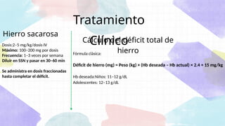 Tratamiento
Clínico
Fórmula clásica:
Déficit de hierro (mg) = Peso (kg) × (Hb deseada – Hb actual) × 2.4 + 15 mg/kg
Hb deseada:Niños: 11–12 g/dL
Adolescentes: 12–13 g/dL
Cálculo del déficit total de
hierro
Dosis:2–5 mg/kg/dosis IV
Máximo: 100–200 mg por dosis
Frecuencia: 1–3 veces por semana
Diluir en SSN y pasar en 30–60 min
Se administra en dosis fraccionadas
hasta completar el déficit.
Hierro sacarosa
 