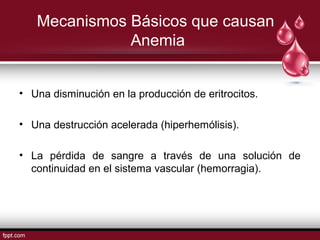 Mecanismos Básicos que causan 
Anemia 
• Una disminución en la producción de eritrocitos. 
• Una destrucción acelerada (hiperhemólisis). 
• La pérdida de sangre a través de una solución de 
continuidad en el sistema vascular (hemorragia). 
 