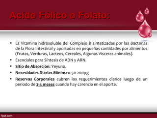 AAcciiddoo FFóólliiccoo oo FFoollaattoo:: 
• Es Vitamina hidrosoluble del Complejo B sintetizadas por las Bacterias 
de la Flora Intestinal y aportadas en pequeñas cantidades por alimentos 
(Frutas, Verduras, Lacteos, Cereales, Algunas Visceras animales). 
• Esenciales para Síntesis de ADN y ARN. 
• Sitio de Absorción: Yeyuno. 
• Necesidades Diarias Mínimas: 50-200μg 
• Reservas Corporales cubren los requerimientos diarios luego de un 
periodo de 2-4 meses cuando hay carencia en el aporte. 
 