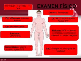 PA=142/64 FC=100x’ T°: EXAMEN FÍSICO 
PA=142/64 FC=100x’ T°: 
36,4 
36,4 
Piel y Mucosas: ictéricas, 
Pálidas 
Linf: No adenopatías. 
Pulmonar: 
MP (+) SRA 
General: Edematosa 
CV: RR2T Soplo Sistólico 
Aórtico II/VI 
Abdomen: BDI, no masas, 
no matidez, no circulación 
colateral, no visceromegalias 
Extremidades: Edema (+++/ 
+++)sin signos TVP SNC: Glasgow 15, sin signos de 
focalidad 
 