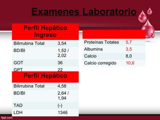 Examenes Laboratorio 
Perfil Hepático 
Ingreso 
Bilirrubina Total 3,54 
BD/BI 1,52 / 
2,02 
GOT 36 
GPT 22 
Proteínas Totales 5,7 
Albumina 3,5 
Calcio 8,0 
Calcio corregido 10,6 
Perfil Hepático 
Bilirrubina Total 4,58 
BD/BI 2,64 / 
1,94 
TAD (-) 
LDH 1346 
 