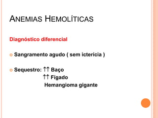 ANEMIAS HEMOLÍTICAS

Diagnóstico diferencial

   Sangramento agudo ( sem icterícia )

   Sequestro:  Baço
                Fígado
               Hemangioma gigante
 