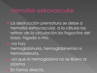  La destrucción prematura se debe a
  hemolisis extravascular, a la células las
  retiran de la circulación los fagocitos del
  bazo, hígado o mo.
 -no hay
  hemoglobinuria, hemoglobinemia ni
  hemosideruria.
 -ya que la hemoglobina no se libera al
  plasma
 En forma directa.
 