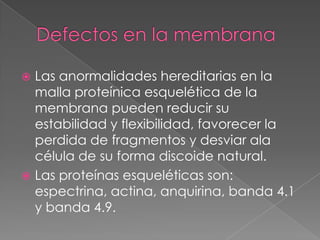  Las anormalidades hereditarias en la
  malla proteínica esquelética de la
  membrana pueden reducir su
  estabilidad y flexibilidad, favorecer la
  perdida de fragmentos y desviar ala
  célula de su forma discoide natural.
 Las proteínas esqueléticas son:
  espectrina, actina, anquirina, banda 4.1
  y banda 4.9.
 