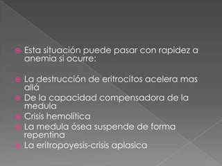   Esta situación puede pasar con rapidez a
    anemia si ocurre:

   La destrucción de eritrocitos acelera mas
    allá
   De la capacidad compensadora de la
    medula
   Crisis hemolítica
   La medula ósea suspende de forma
    repentina
   La eritropoyesis-crisis aplasica
 