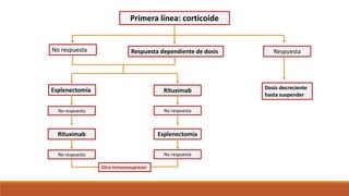 Primera línea: corticoide
No respuesta Respuesta dependiente de dosis Respuesta
Dosis decreciente
hasta suspender
Esplenectomía Rituximab
No respuesta No respuesta
Rituximab Esplenectomía
No respuesta No respuesta
Otro inmunosupresor
 