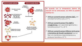 De acuerdo con la temperatura óptima de
reacción de los anticuerpos, las AHAI se pueden
clasificar en:
 AHAI por autoanticuerpos calientes (IgG), con
actividad hemolítica solo a 37 °C.
 AHAI por autoanticuerpos fríos (IgM) o
crioaglutininas, con capacidad aglutinante y
hemolítica entre 0 °C y 20 °C
 AHAI por autoanticuerpos bifásicos (anticuerpo
o hemolisina de Donath-Landsteiner) que se
fijan a la membrana a baja temperatura y
producen hemólisis a 37 °C.
 