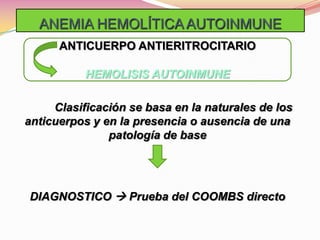 ANEMIA HEMOLÍTICA AUTOINMUNE
ANTICUERPO ANTIERITROCITARIO
HEMOLISIS AUTOINMUNE
Clasificación se basa en la naturales de los
anticuerpos y en la presencia o ausencia de una
patología de base
DIAGNOSTICO  Prueba del COOMBS directo
 