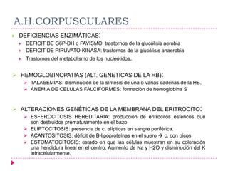 A.H.CORPUSCULARESDEFICIENCIAS ENZIMÁTICAS: DEFICIT DE G6P-DH o FAVISMO: trastornos de la glucólisis aerobiaDEFICIT DE PIRUVATO-KINASA: trastornos de la glucólisis anaerobiaTrastornos del metabolismo de los nucleótidos.HEMOGLOBINOPATIAS (ALT. GENETICAS DE LA HB): 