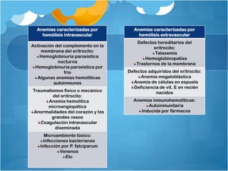 Anemias caracterizadas por
hemólisis intravascular

Activación del complemento en la
membrana del eritrocito:
Hemoglobinuria paroxística
nocturna
Hemoglobinuria paroxística por
frío
Algunas anemias hemolíticas
autoinmunes
Traumatismos físico o mecánico
del eritrocito:
Anemia hemolítica
microangiopática
Anormalidades del corazón y los
grandes vasos
Coagulación intravascular
diseminada
Microambiente tóxico:
Infecciones bacterianas
Infección por P. falciparum
Venenos
Etc

Anemias caracterizadas por
hemólisis extravascular
Defectos hereditarios del
eritrocito:
Talasemia
Hemoglobinopatías
Trastornos de la membrana

Defectos adquiridos del eritrocito:
Anemia megaloblástica
Anemia de células en espuela
Deficiencia de vit. E en recién
nacidos
Anemias inmunohemolíticas:
Autoinmunitaria
Inducida por fármacos

 
