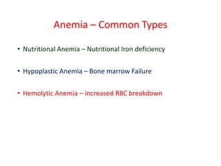 Anemia – Common Types
• Nutritional Anemia – Nutritional Iron deficiency
• Hypoplastic Anemia – Bone marrow Failure
• Hemolytic Anemia – increased RBC breakdown
 