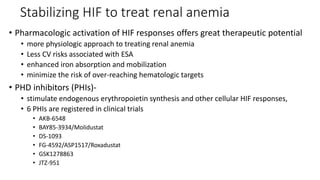 Stabilizing HIF to treat renal anemia
• Pharmacologic activation of HIF responses offers great therapeutic potential
• more physiologic approach to treating renal anemia
• Less CV risks associated with ESA
• enhanced iron absorption and mobilization
• minimize the risk of over-reaching hematologic targets
• PHD inhibitors (PHIs)-
• stimulate endogenous erythropoietin synthesis and other cellular HIF responses,
• 6 PHIs are registered in clinical trials
• AKB-6548
• BAY85-3934/Molidustat
• DS-1093
• FG-4592/ASP1517/Roxadustat
• GSK1278863
• JTZ-951
 