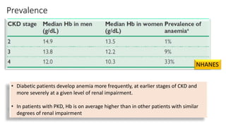 Prevalence
NHANES
• Diabetic patients develop anemia more frequently, at earlier stages of CKD and
more severely at a given level of renal impairment.
• In patients with PKD, Hb is on average higher than in other patients with similar
degrees of renal impairment
 