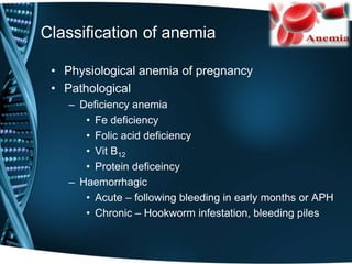 Classification of anemia
• Physiological anemia of pregnancy
• Pathological
– Deficiency anemia
• Fe deficiency
• Folic acid deficiency
• Vit B12
• Protein deficeincy
– Haemorrhagic
• Acute – following bleeding in early months or APH
• Chronic – Hookworm infestation, bleeding piles
 