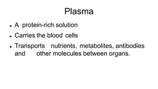 Plasma
 A protein-rich solution
 Carries the blood cells
 Transports nutrients, metabolites, antibodies
and other molecules between organs.
 