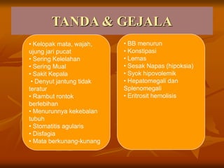TANDA & GEJALA
• Kelopak mata, wajah,
ujung jari pucat
• Sering Kelelahan
• Sering Mual
• Sakit Kepala
• Denyut jantung tidak
teratur
• Rambut rontok
berlebihan
• Menurunnya kekebalan
tubuh
• Stomatitis agularis
• Disfagia
• Mata berkunang-kunang
• BB menurun
• Konstipasi
• Lemas
• Sesak Napas (hipoksia)
• Syok hipovolemik
• Hepatomegali dan
Splenomegali
• Eritrosit hemolisis
 