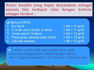 Suatu kondisi yang dapat dinyatakan sebagai
anemia bila terdapat nilai dengan kriteria
sebagai berikut :
∎ Menurut WHO:
1. Ibu hamil = Hb < 11 gr/dl
2. 2. Anak usia 6 bulan- 6 tahun = Hb < 11 gr/dl
3. Anak usia 6-14 tahun = Hb < 12 gr/dl
4. Perempuan dewasa tidak hamil = Hb < 12 gr/dl
5. Laki-laki dewasa = Hb < 13 gr/dl
♥ Di klinik, rumah sakit, atau praktik klinik, pada
umumnya menggunakan kriteria sebagai berikut:
Hb < 10 gr/dl Hematokrit < 30% Eritrosit < 2,8 juta/𝑚𝑚3
 
