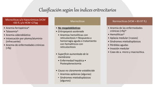 Clasificación según los índices eritrocitarios
Microcíticas y/o hipocrómicas (VCM
<83 fL y/o HCM <27pg
• Anemia ferropénica^
• Talasemia^
• Anemia sideroblástica
• Intoxicación por plomo/aluminio
(infrecuente)
• Anemia de enfermedades crónicas
(<fq)
Macrocíticas
• No megaloblásticas
• Eritropoyesis acelerada
• Anemias hemolíticas con
reticulocitosis • Respuesta a
hemorragia aguda o tratamiento
con hematínicos con
reticulocitosis
• Superficie aumentada de la
membrana
• Enfermedad hepática •
Postesplenectomía
• Causa no claramente establecida
• Anemias aplásicas (algunas)
• Síndromes mielodisplásicos
(algunos)
Normocíticas (VCM = 83-97 fL)
• Anemia de las enfermedades
crónicas (>fq)^
• Hemolíticas^
• Aplasia medular (>casos)
• Síndromes mielodisplásicos
• Pérdidas agudas
• Invasión medular
• Coex de a. micro y macrocítica.
 