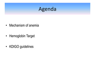 Agenda
• Mechanism of anemia
• Hemoglobin Target
• KDIGO guidelines
 