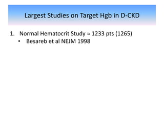Largest Studies on Target Hgb in D-CKD
1. Normal Hematocrit Study ≈ 1233 pts (1265)
• Besareb et al NEJM 1998
 