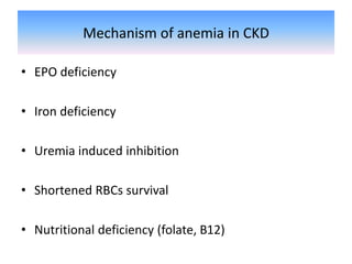 Mechanism of anemia in CKD
• EPO deficiency
• Iron deficiency
• Uremia induced inhibition
• Shortened RBCs survival
• Nutritional deficiency (folate, B12)
 