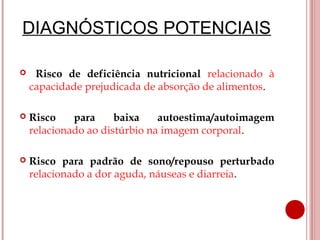 DIAGNÓSTICOS POTENCIAIS

    Risco de deficiência nutricional relacionado à
    capacidade prejudicada de absorção de alimentos.

   Risco    para     baixa    autoestima/autoimagem
    relacionado ao distúrbio na imagem corporal.

   Risco para padrão de sono/repouso perturbado
    relacionado a dor aguda, náuseas e diarreia.
 
