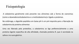 Fisiopatologia
A cobalamina geralmente está presente nos alimentos sob a forma de coenzimas
(como a deoxiadenosilcobalamina e a metilcobalamina) e ligada a proteinas.
No estômago, a digestão peptídica em baixo pH é um pré-requisito para a liberação da
cobalamina da proteina alimentar.
Uma vez liberada pela proteólise, a cobalamina se liga preferencialmente a uma
proteina ligante especifica de alta afinidade, chamada proteina R, que é secretada na
saliva e no suco gástrico.
 