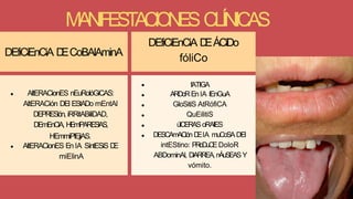 MANIFESTACIONESCLÍNICAS
DEfiCiEnCiA D
ECoBAlAminA
DEfiCiEnCiA D
EÁCiDo
fóliCo
AltERACionES nEuRolóGiCAS:
AltERACión DEl EStADo mEntAl
DEPRESión, iRRitABiliDAD,
DEmEnCiA, HEmiPARESiAS,
HEmmiPlEjiAS.
AltERACionES En lA SíntESiS D
E
miElinA
fATIGA
ARDoREn lA lEnGuA
GloSitiS AtRófiCA
QuEilitiS
úlCERAS oRAlES
DESCAmACiónD
ElA muCoSA DEl
intEStino: PRoDuCEDoloR
ABDominAl, DiARREA, nÁuSEASY
vómito.
 