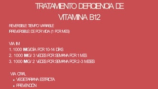 TRATAMIENTODEFICIENCIA D
E
VITAMINA B12
REVERSIBLE:TIEMPOVARIABLE
IRREVERSIBLE:D
EP
O
RVIDA (1 P
O
RMES)
VIA IM
1.1000 ΜG/DÍA P
O
R10-14 DÍAS
2. 1000 ΜG/ 3 V
E
C
E
SP
O
RS
E
M
A
NAP
O
R1M
E
S
3. 1000 ΜG/ 2 V
E
C
E
SP
O
RS
E
M
A
NAP
O
R2-3 M
E
S
E
S
VIA O
R
A
L
VEGETARIANAE
S
T
RI
CT
A
P
R
E
V
E
N
C
I
Ó
N
 