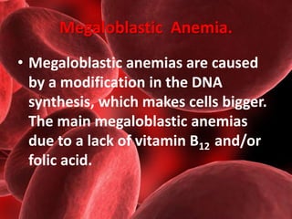 Megaloblastic Anemia. 
• Megaloblastic anemias are caused 
by a modification in the DNA 
synthesis, which makes cells bigg...