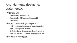 28
Anemia megqaloblastica
tratamento:
• Vitamina B12
• 1mg/dia IM (saemana 1)
• 1mg/dia IM 2X/semana (semana 2)
• 1mg/mes
• Resposta Hematologica esperada:
• 12h.: Reversao hemopoese megaloblastica
• 48h.:”hemopoese normal
• 2-3 dias: inicio do aumento de reticulocitos
• 5-8 dias pico rectics + leuco e plaquetas. Nls
• Resposta Neurologica
 