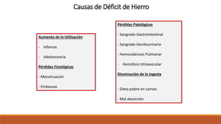 Causas de Déficit de Hierro
Pérdidas Patológicas
- Sangrado Gastrointestinal
- Sangrado Genitourinario
- Hemosiderosis Pulmonar
- Hemólisis Intravascular
Disminución de la Ingesta
- Dieta pobre en carnes
- Mal absorción
Aumento de la Utilización
- Infancia
- Adolescencia
Pérdidas Fisiológicas
- Menstruación
- Embarazo
 