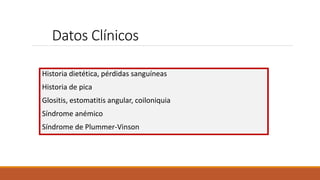 Datos Clínicos
Historia dietética, pérdidas sanguíneas
Historia de pica
Glositis, estomatitis angular, coiloniquia
Síndrome anémico
Síndrome de Plummer-Vinson
 
