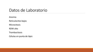 Datos de Laboratorio
Anemia
Reticulocitos bajos
Microcitosis
RDW alto
Trombocitosis
Células en punta de lápiz
 